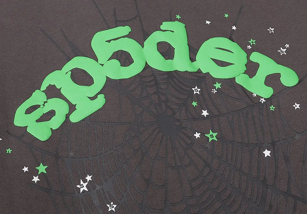 No. 8209, batch 220, Young Thug Sp10der 555555 spider web green foam printed high weight pure cotton loose casual hoodie sweatshirt Color: dark gray; Size: S M L XL