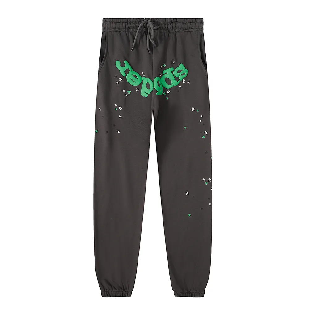No. 8309, batch 220, Young Thug Sp10der 555555 spider web green foam printed high weight pure cotton loose casual sweatpants casual pants Color: dark gray; Size: S M L XL