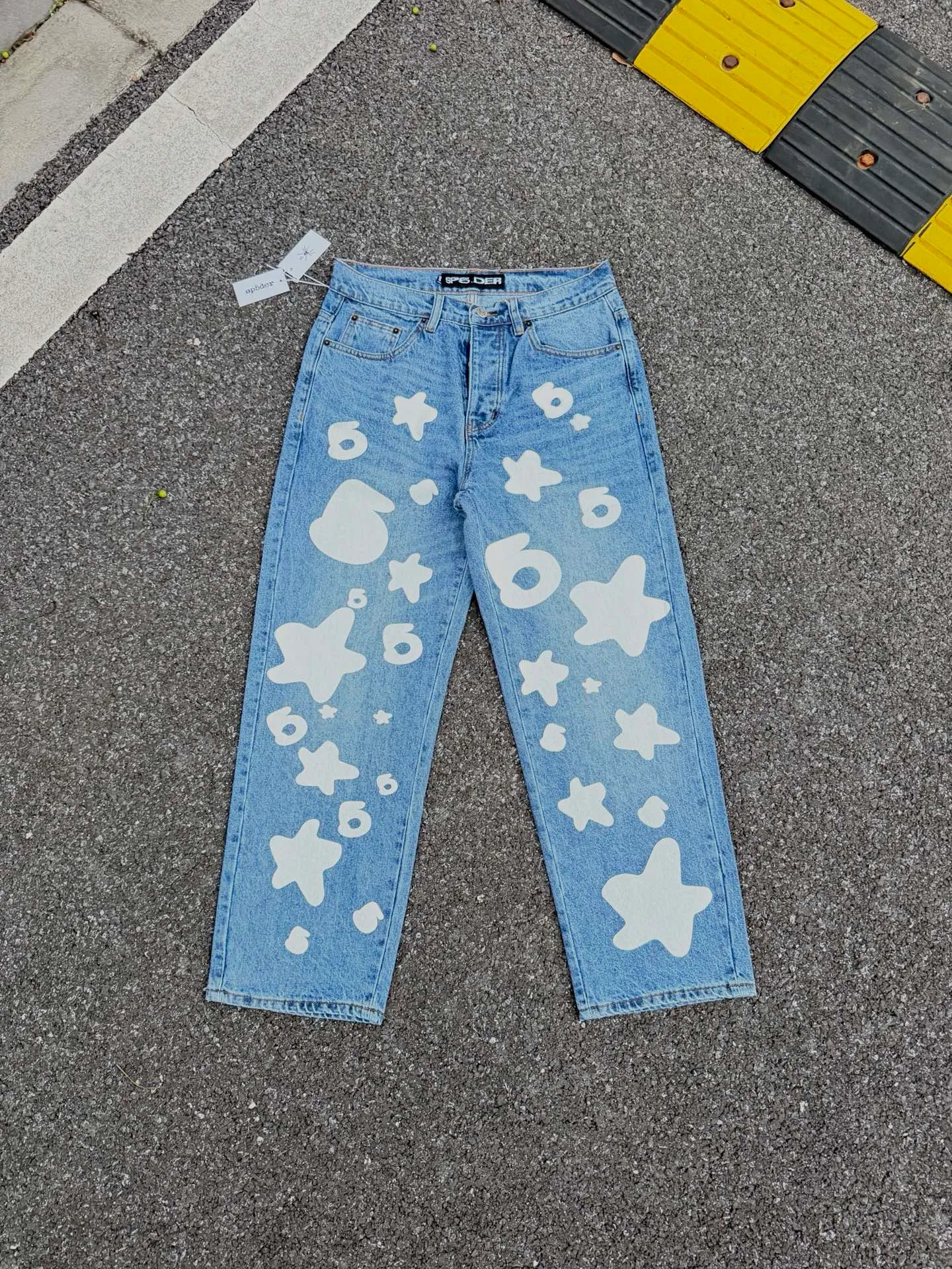 P250 (original outdoor picture direct) top version Sp10der street fashion brand foam printed big star washed and distressed casual jeans for men and women, size: 28 30 32 34 36