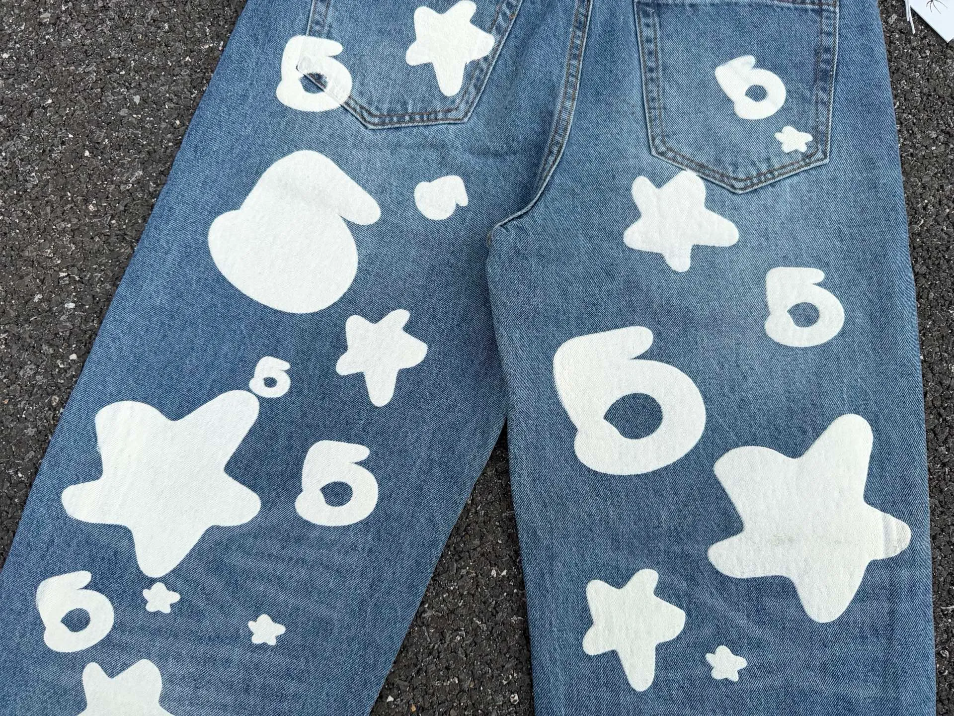 P250 (original outdoor picture direct) top version Sp10der street fashion brand foam printed big star washed and distressed casual jeans for men and women, size: 28 30 32 34 36