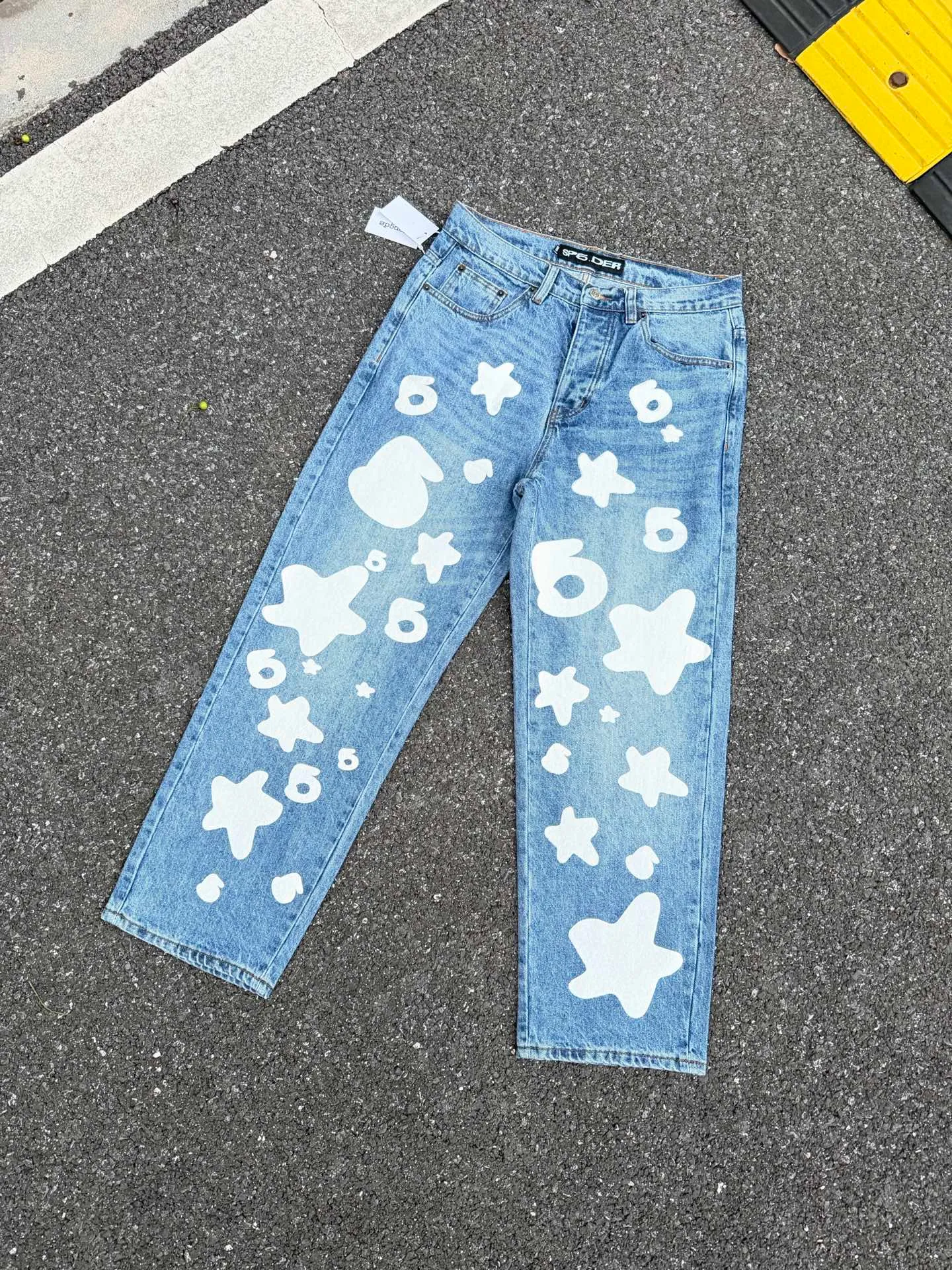P250 (original outdoor picture direct) top version Sp10der street fashion brand foam printed big star washed and distressed casual jeans for men and women, size: 28 30 32 34 36