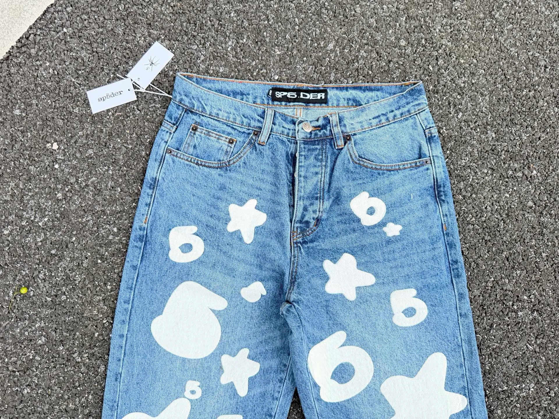 P250 (original outdoor picture direct) top version Sp10der street fashion brand foam printed big star washed and distressed casual jeans for men and women, size: 28 30 32 34 36