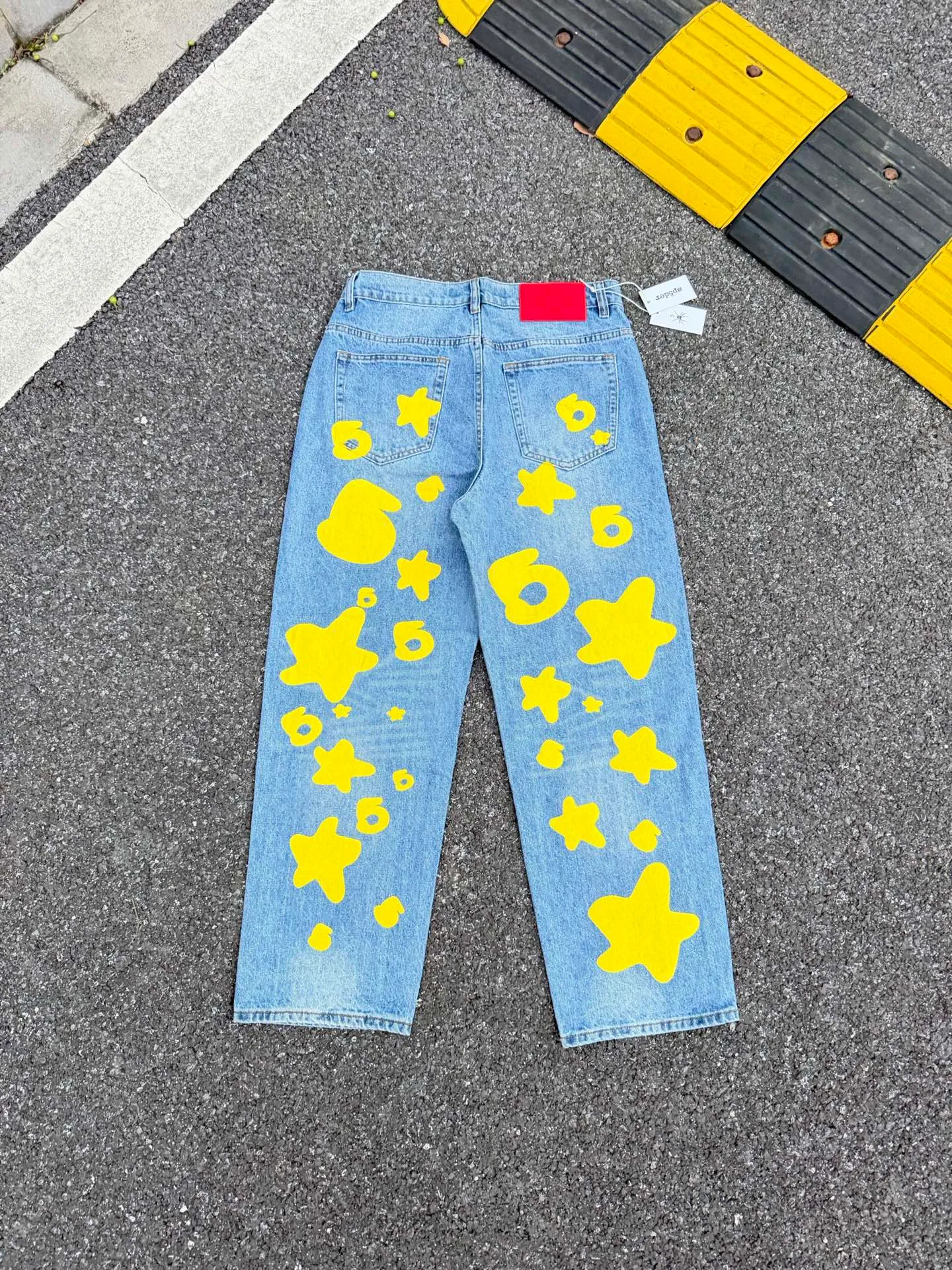 P250 (original outdoor picture direct) top version Sp10der street fashion brand foam printed big star washed and distressed casual jeans for men and women, size: 28 30 32 34 36