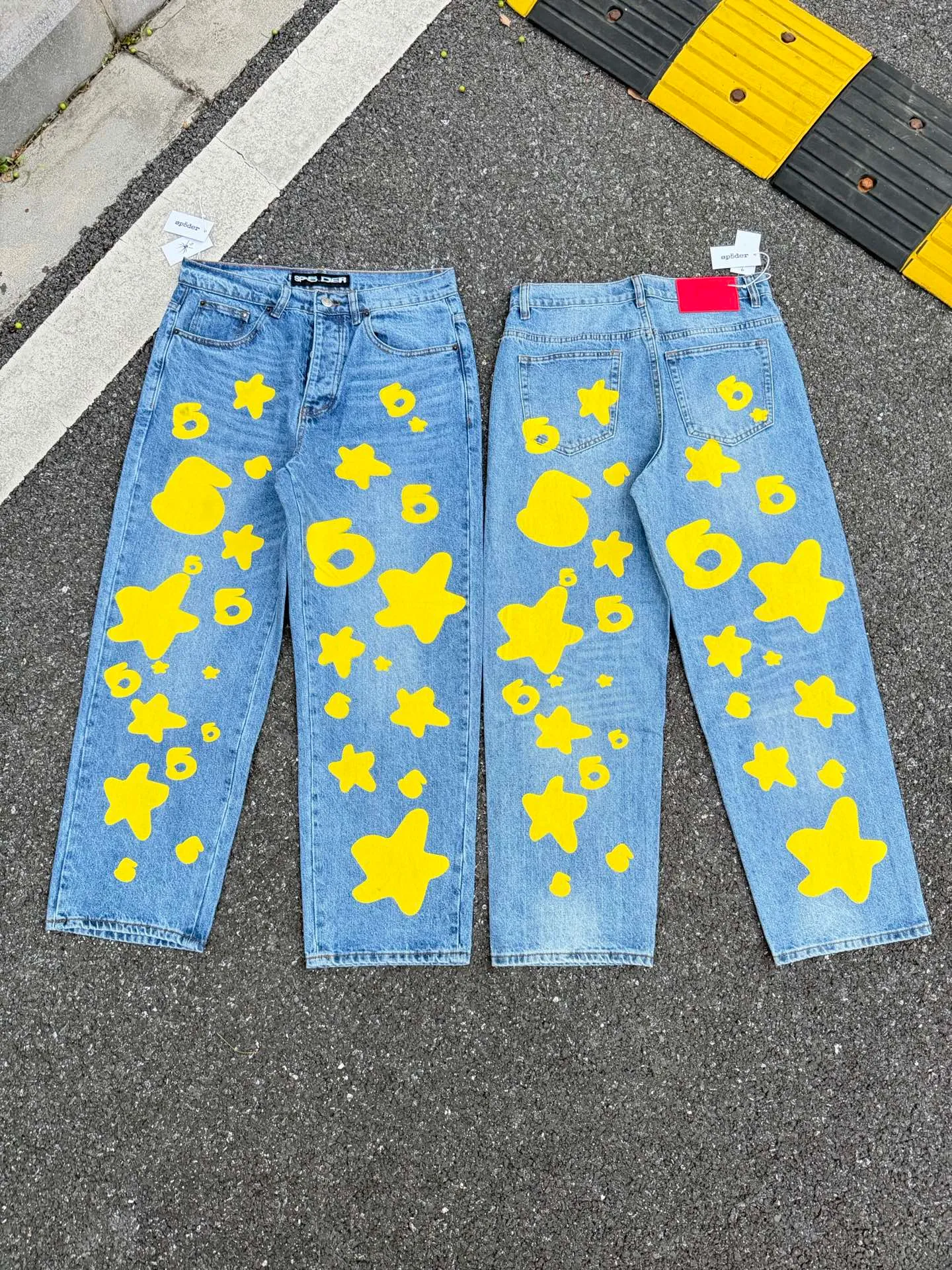 P250 (original outdoor picture direct) top version Sp10der street fashion brand foam printed big star washed and distressed casual jeans for men and women, size: 28 30 32 34 36