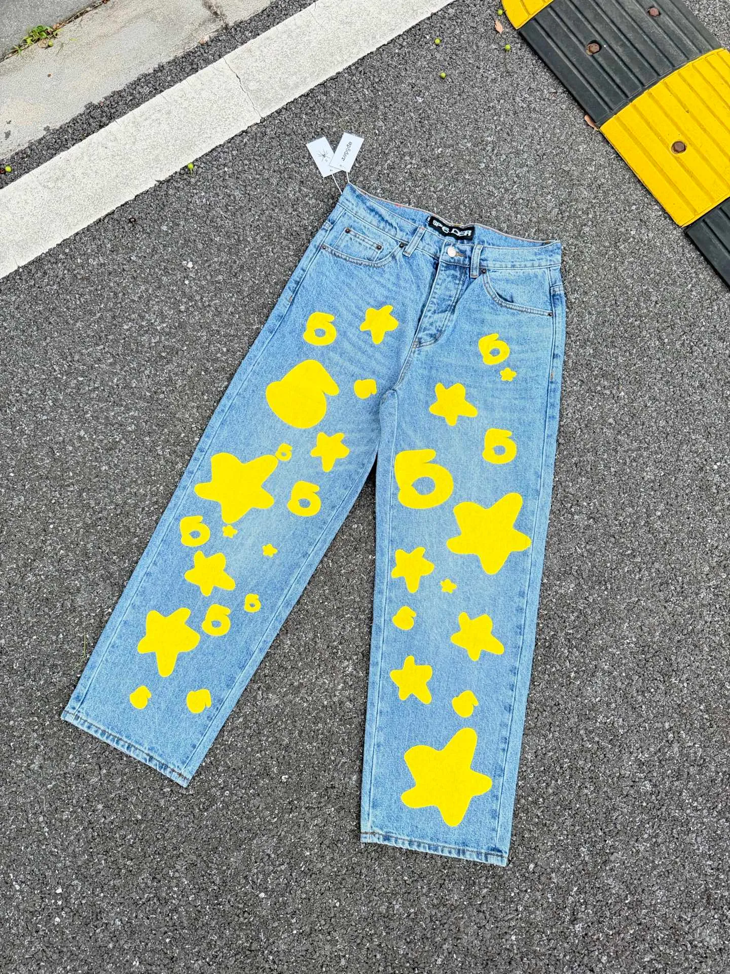P250 (original outdoor picture direct) top version Sp10der street fashion brand foam printed big star washed and distressed casual jeans for men and women, size: 28 30 32 34 36