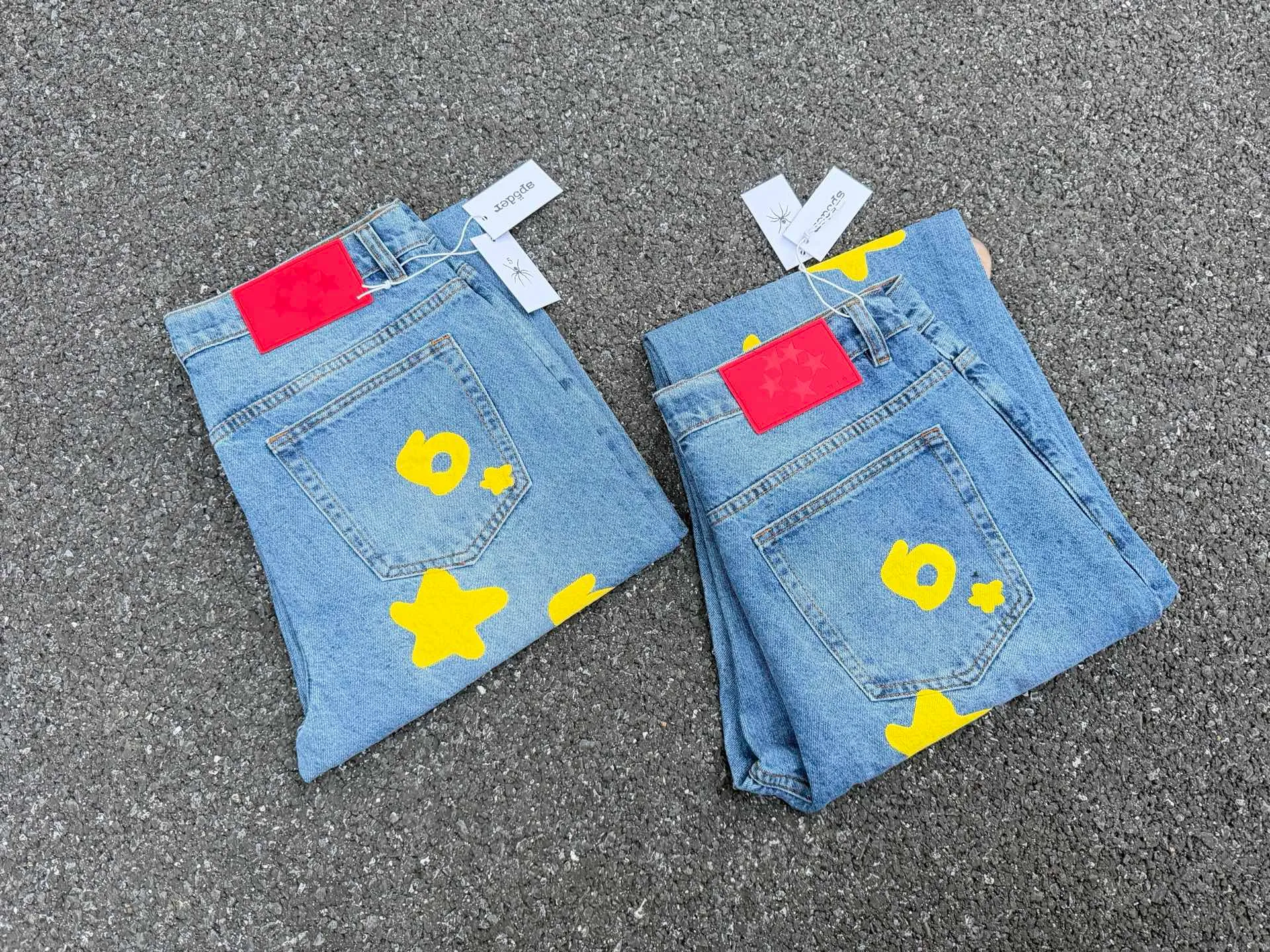 P250 (original outdoor picture direct) top version Sp10der street fashion brand foam printed big star washed and distressed casual jeans for men and women, size: 28 30 32 34 36