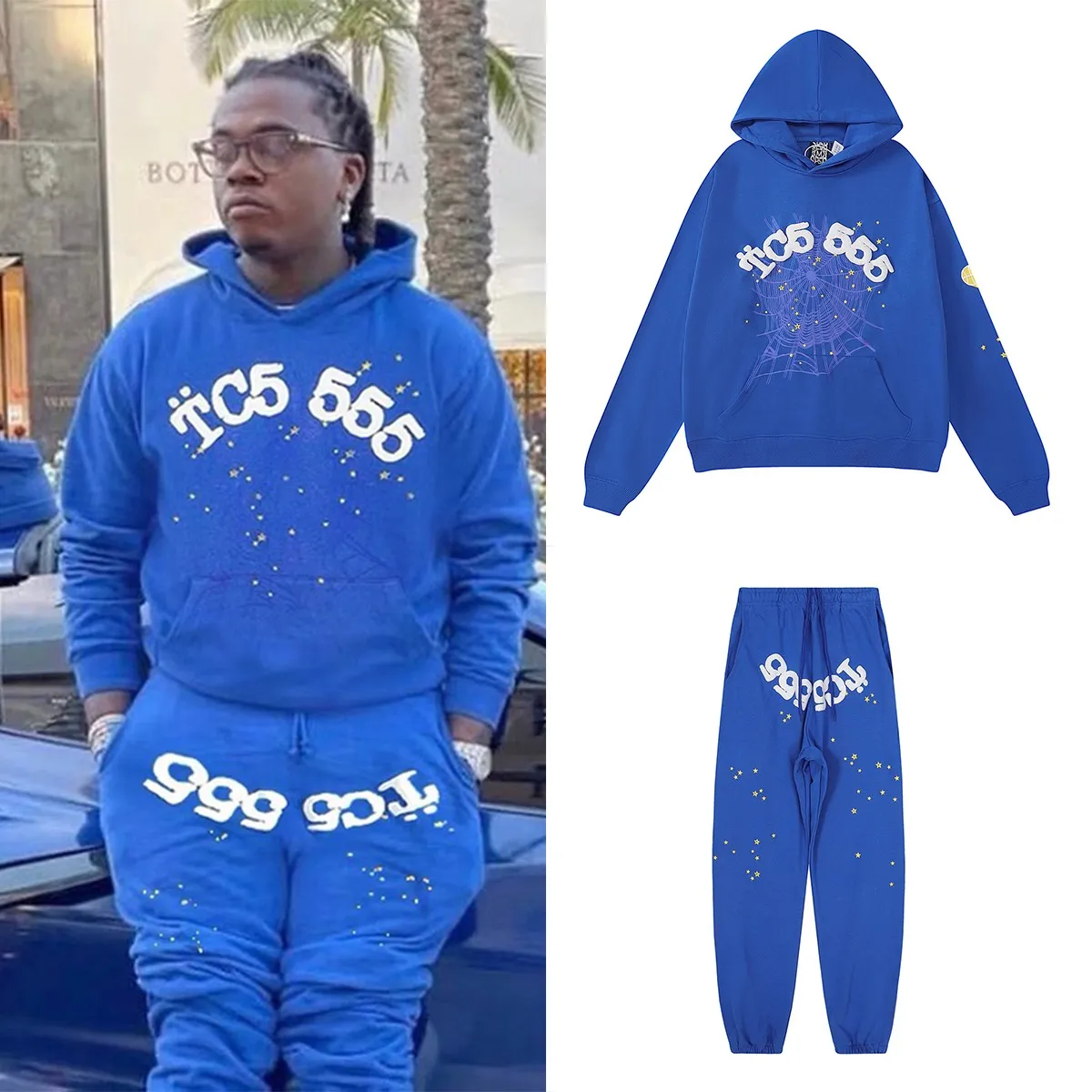 Sweatshirt number 8206, batch 220, Young Thug Bieber's same style Sp10der 555555 foam printing high quality pure cotton terry hoodie sweatshirt for men and women Color: blue; Size: S M L XL