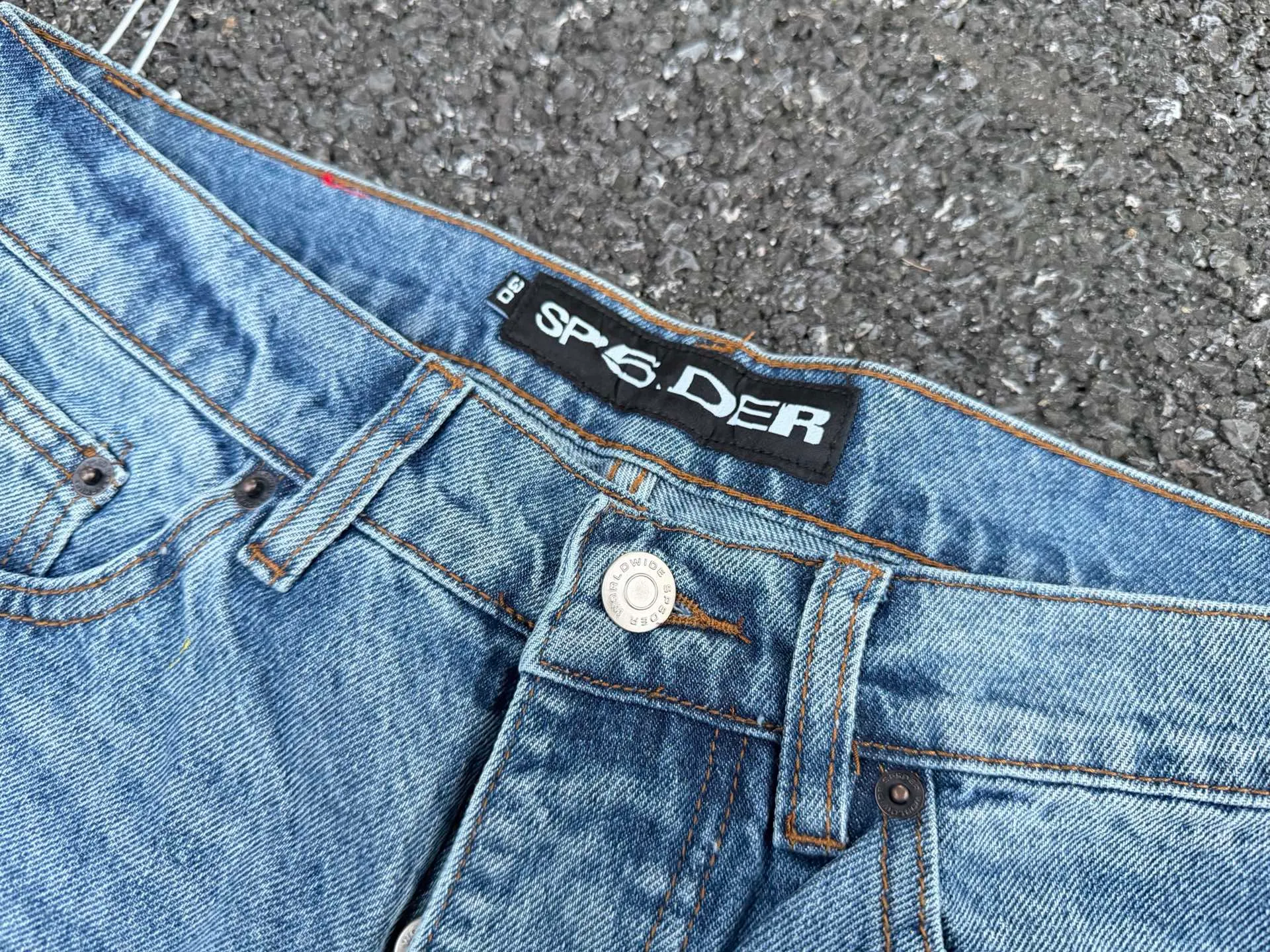 -Size details P250 (original outdoor picture direct) top version Sp10der street fashion brand foam printed big star washed and distressed casual jeans for men and women, size: 28 30 32 34 36