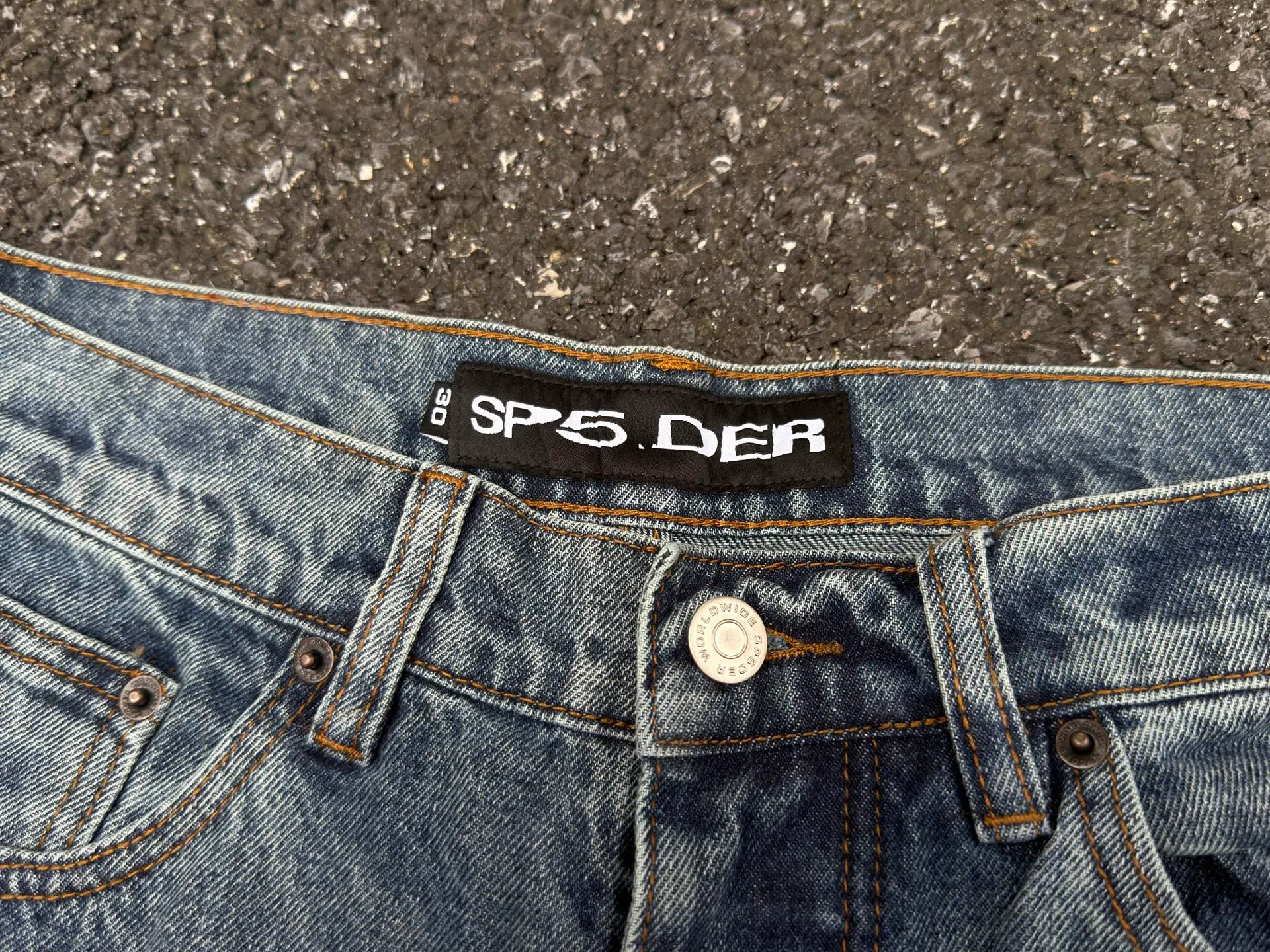 P210 (original outdoor picture direct) top version Sp10der street fashion brand printed washed and distressed casual jeans for men and women, same style. Size: 28 30 32 34 36