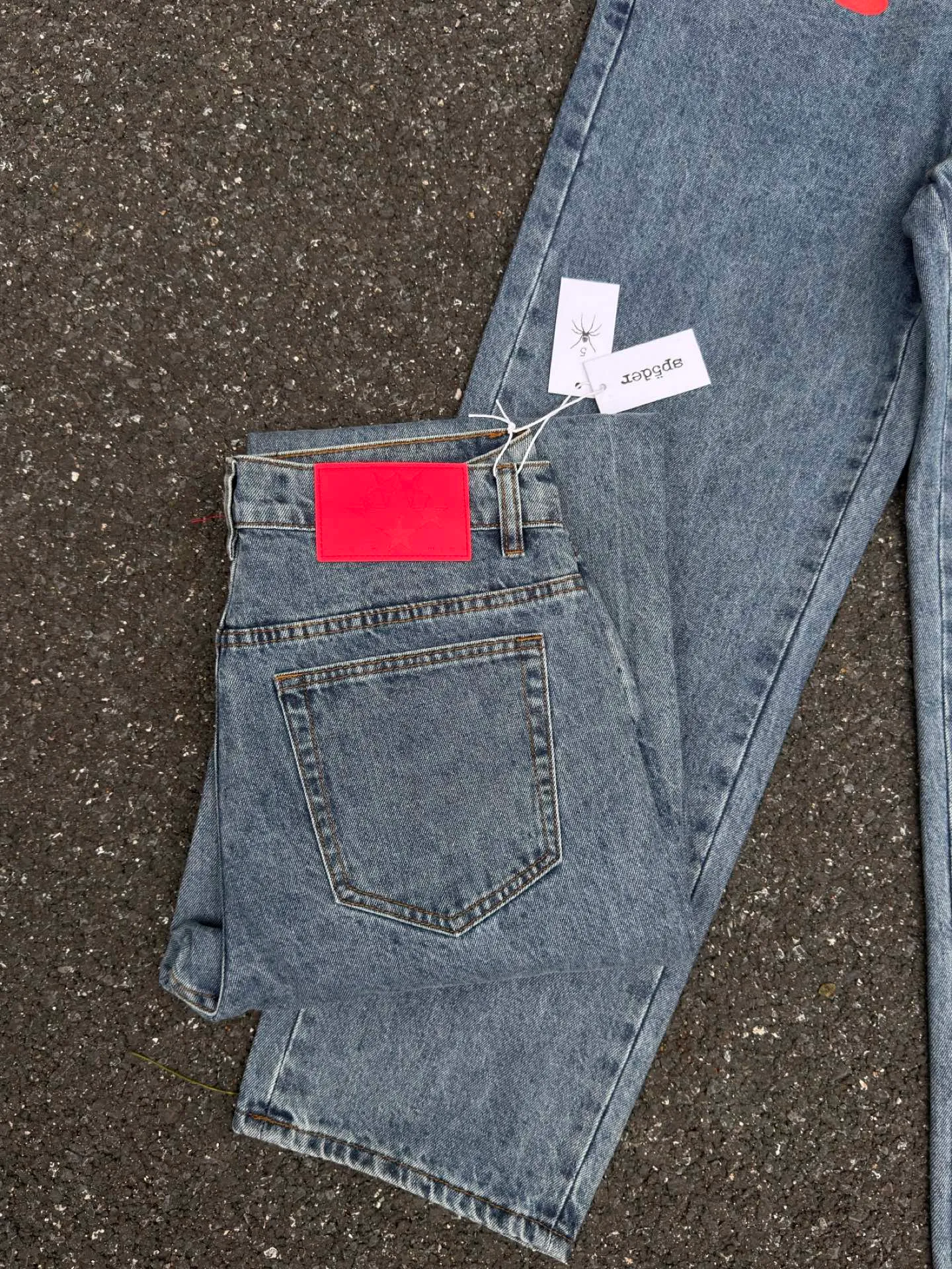 P210 (original outdoor picture direct) top version Sp10der street fashion brand printed washed and distressed casual jeans for men and women, same style. Size: 28 30 32 34 36