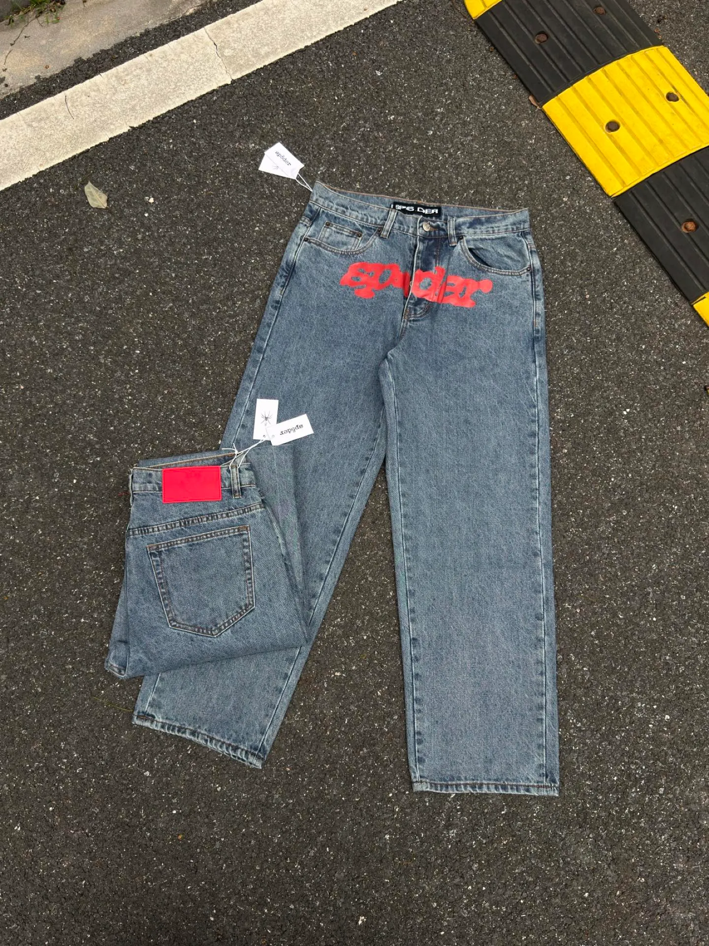P210 (original outdoor picture direct) top version Sp10der street fashion brand printed washed and distressed casual jeans for men and women, same style. Size: 28 30 32 34 36
