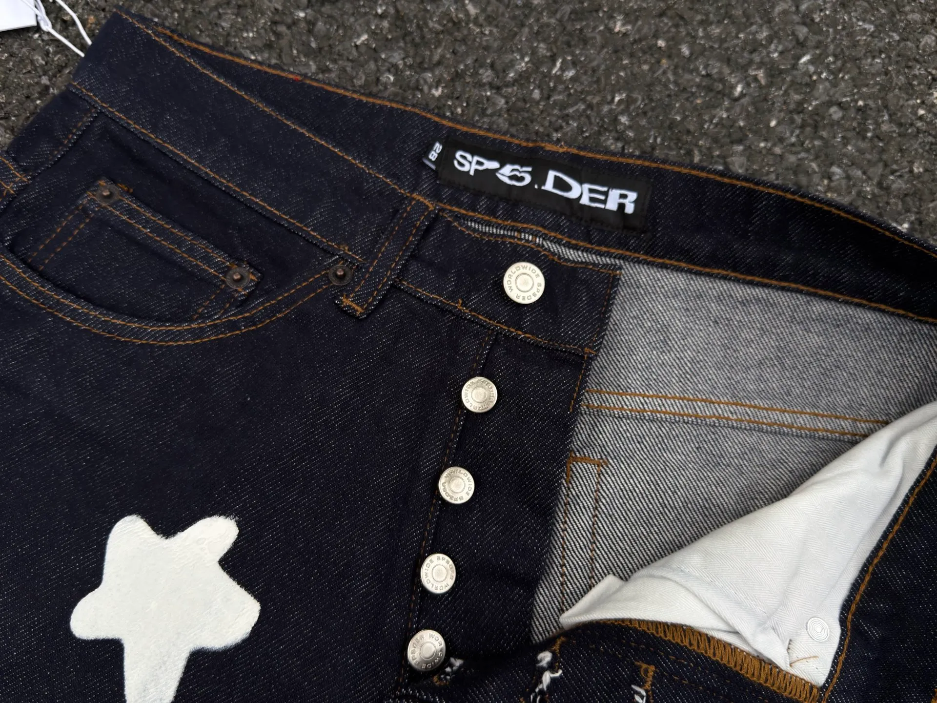 P250 (Outdoor original picture direct) top version Sp10der street fashion brand foam printed big star washed and distressed casual jeans for men and women color: raw cow color code number: 28 30 32 34 36