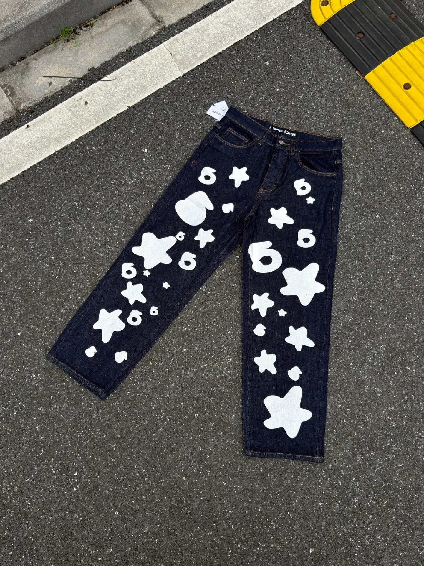 P250 (Outdoor original picture direct) top version Sp10der street fashion brand foam printed big star washed and distressed casual jeans for men and women color: raw cow color code number: 28 30 32 34 36