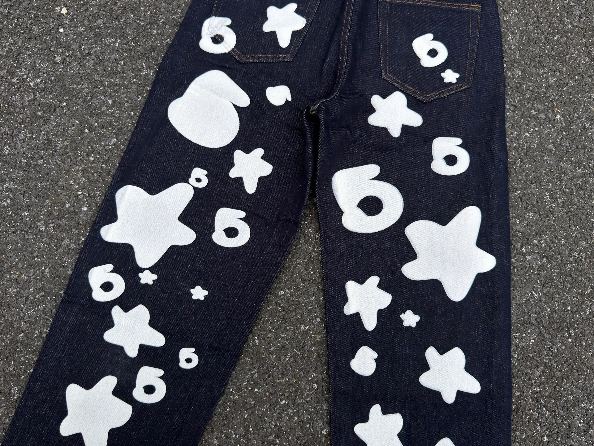 P250 (Outdoor original picture direct) top version Sp10der street fashion brand foam printed big star washed and distressed casual jeans for men and women color: raw cow color code number: 28 30 32 34 36