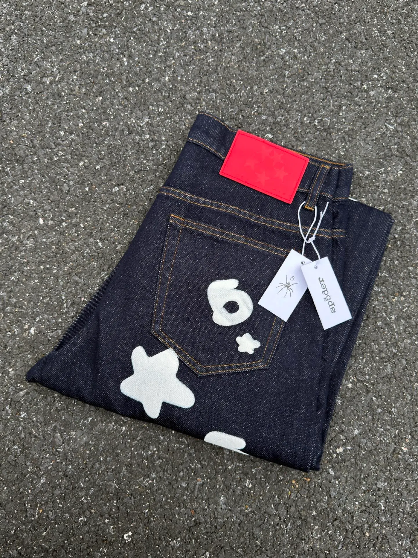 P250 (Outdoor original picture direct) top version Sp10der street fashion brand foam printed big star washed and distressed casual jeans for men and women color: raw cow color code number: 28 30 32 34 36