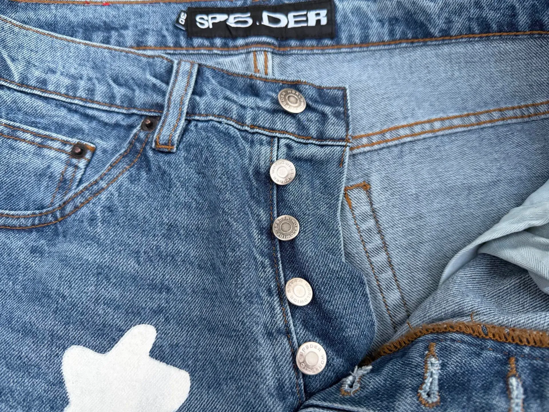 -Size details P250 (original outdoor picture direct) top version Sp10der street fashion brand foam printed big star washed and distressed casual jeans for men and women, size: 28 30 32 34 36