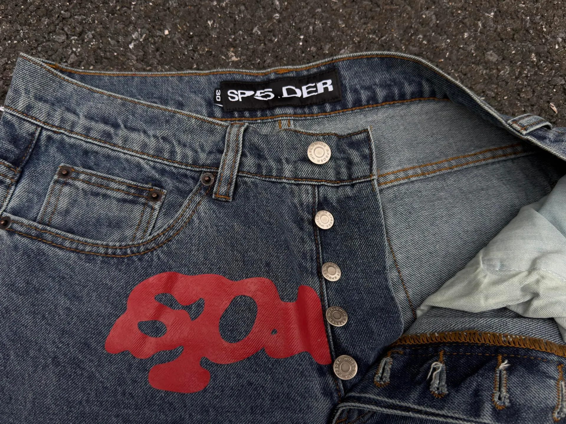 -Size details P210 (original outdoor picture straight out) top version Sp10der street fashion brand printed washed and distressed casual jeans for men and women, same style. Size: 28 30 32 34 36