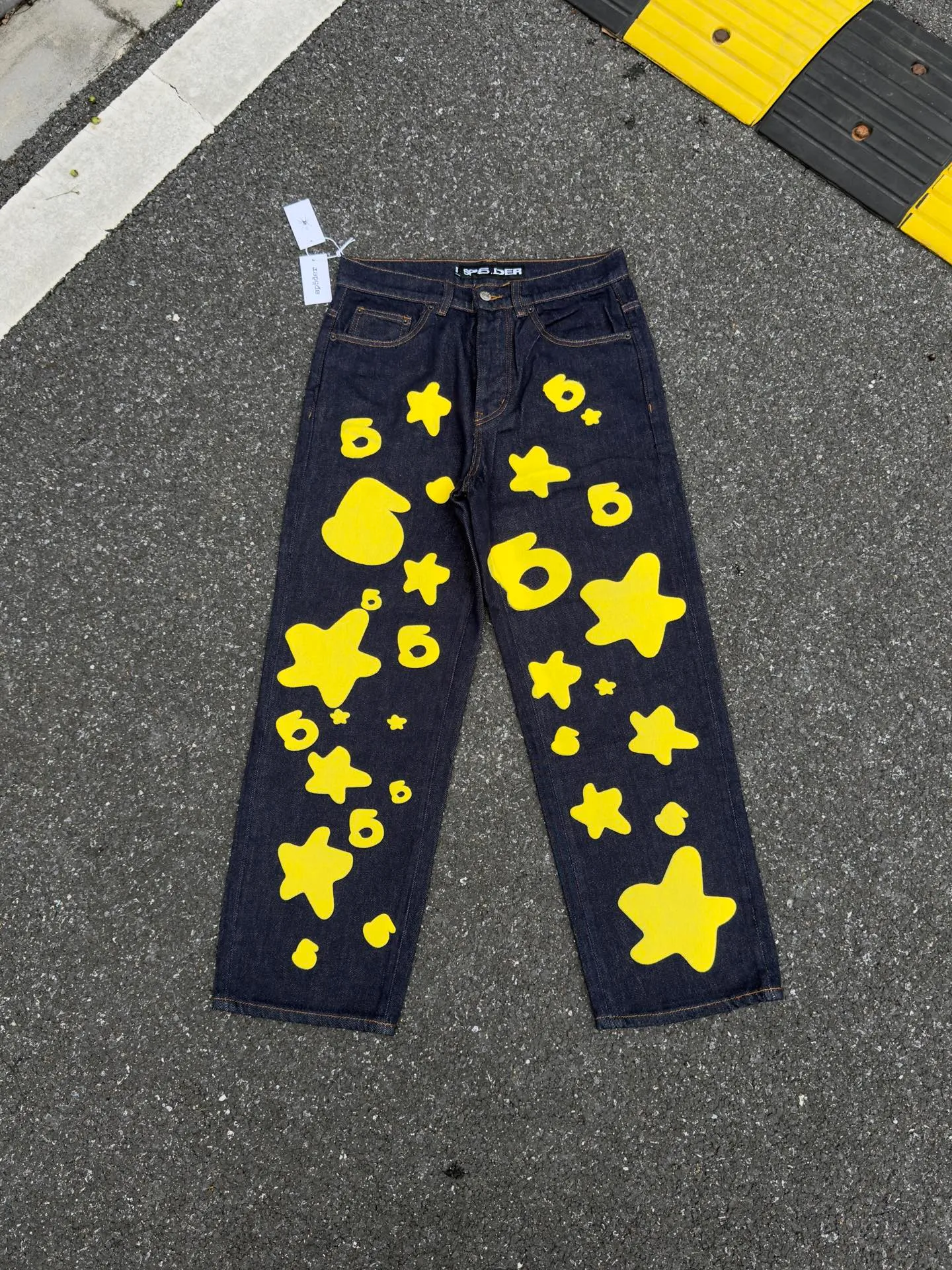 P250 (Outdoor original picture direct) top version Sp10der street fashion brand foam printed big star washed and distressed casual jeans for men and women color: raw cow color code number: 28 30 32 34 36