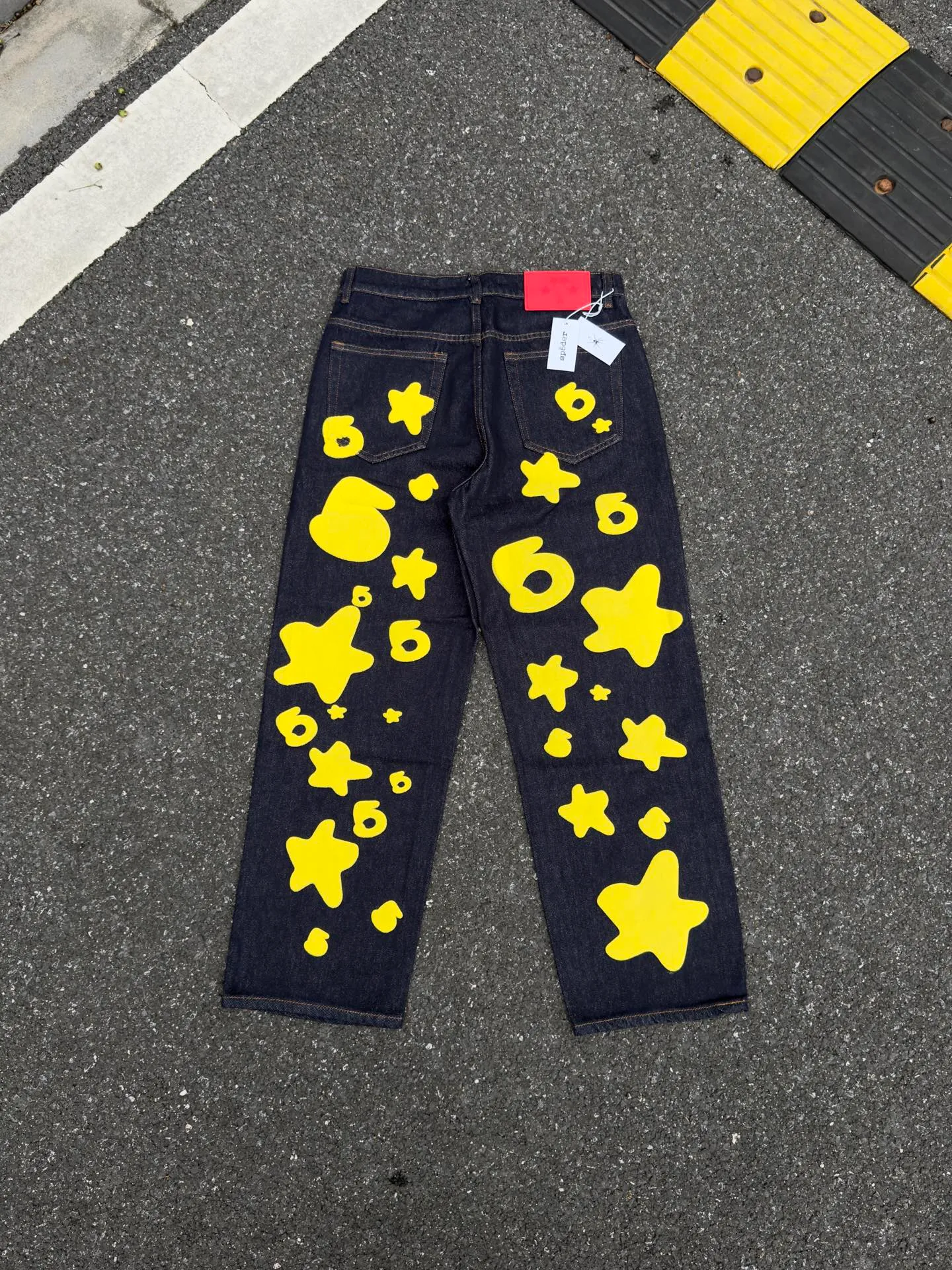 P250 (Outdoor original picture direct) top version Sp10der street fashion brand foam printed big star washed and distressed casual jeans for men and women color: raw cow color code number: 28 30 32 34 36