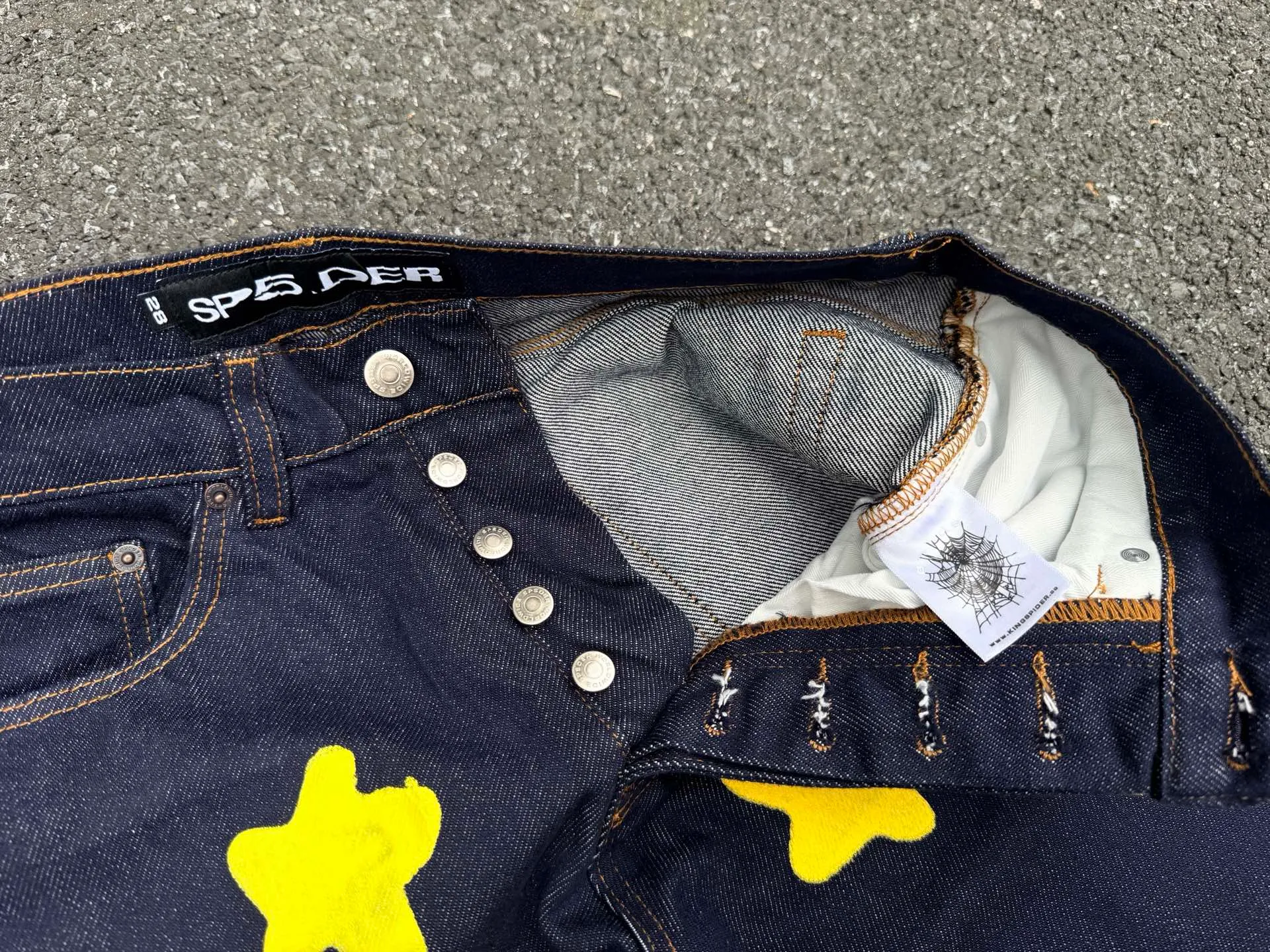 P250 (Outdoor original picture direct) top version Sp10der street fashion brand foam printed big star washed and distressed casual jeans for men and women color: raw cow color code number: 28 30 32 34 36
