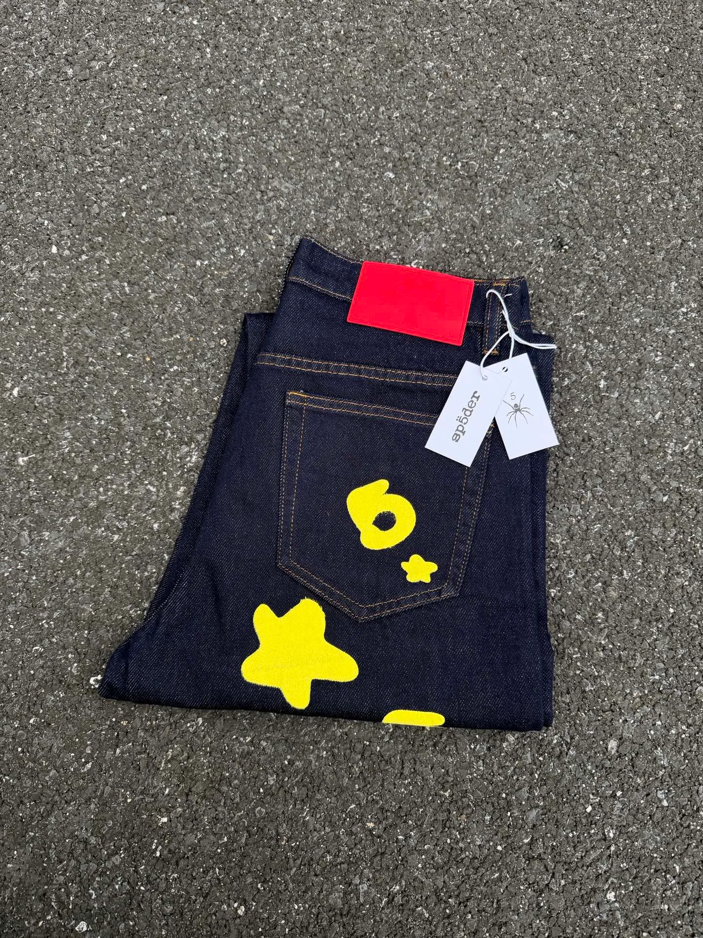 P250 (Outdoor original picture direct) top version Sp10der street fashion brand foam printed big star washed and distressed casual jeans for men and women color: raw cow color code number: 28 30 32 34 36