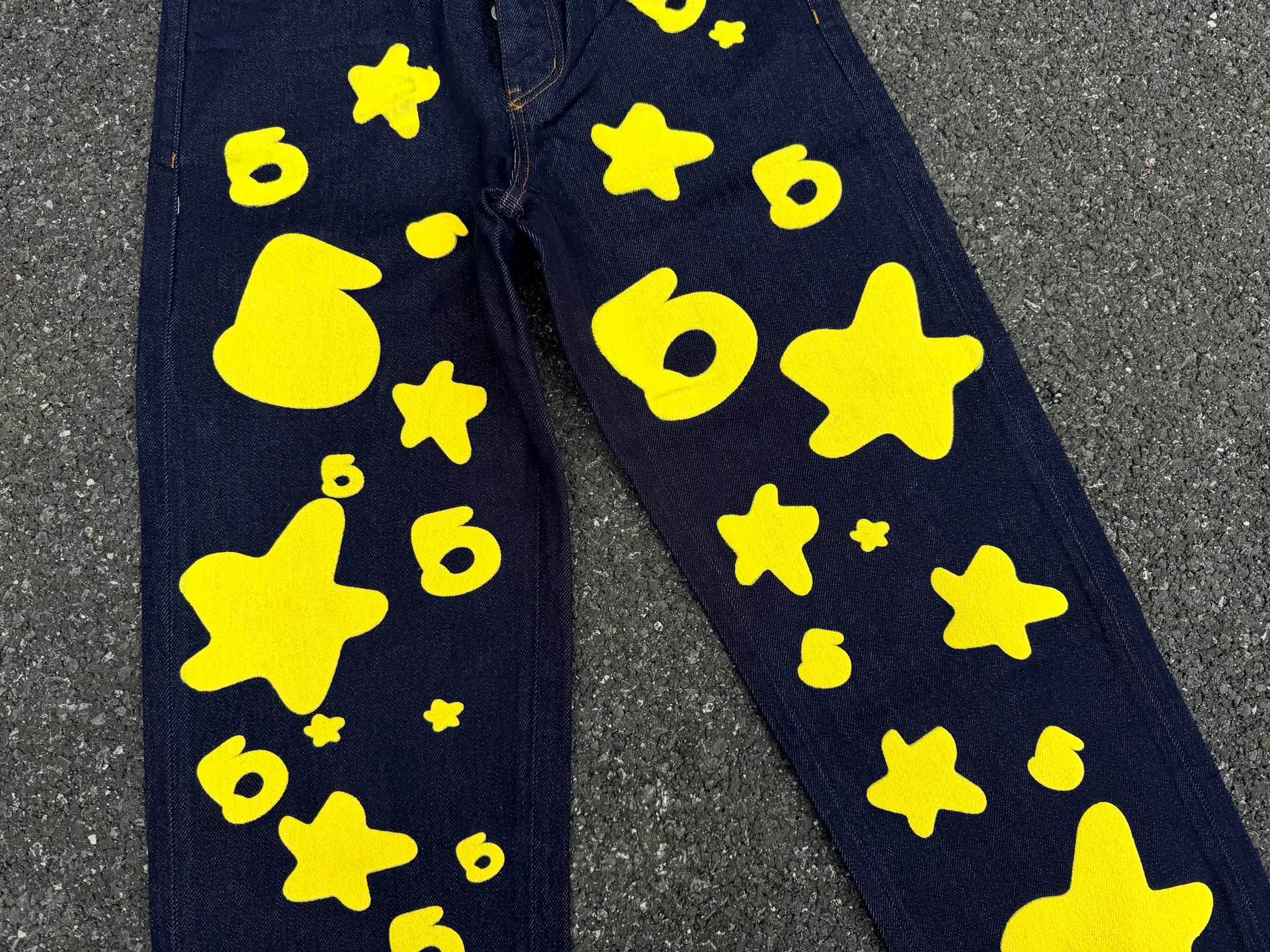 P250 (Outdoor original picture direct) top version Sp10der street fashion brand foam printed big star washed and distressed casual jeans for men and women color: raw cow color code number: 28 30 32 34 36