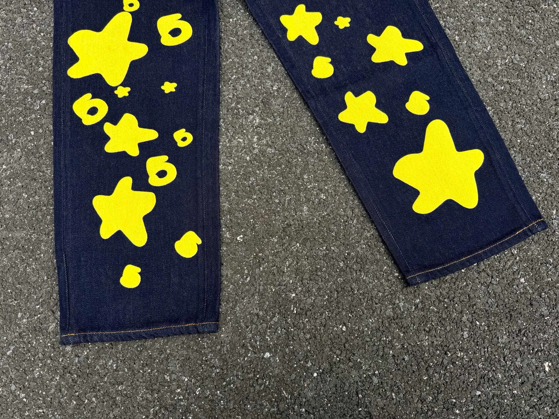 P250 (Outdoor original picture direct) top version Sp10der street fashion brand foam printed big star washed and distressed casual jeans for men and women color: raw cow color code number: 28 30 32 34 36