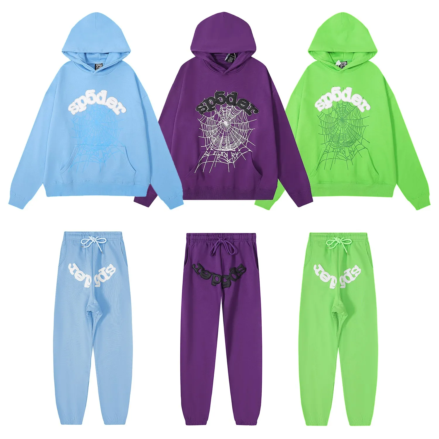 No. 8208, the same model as the American fashion star Sp10der 555555 hot diamond foam printing high quality pure cotton casual loose hoodie sweatshirt for men and women. Hood 8208, batch 220, trousers 8308 batch 220 Color: grass green, sky blue, purple; Size: S M L XL