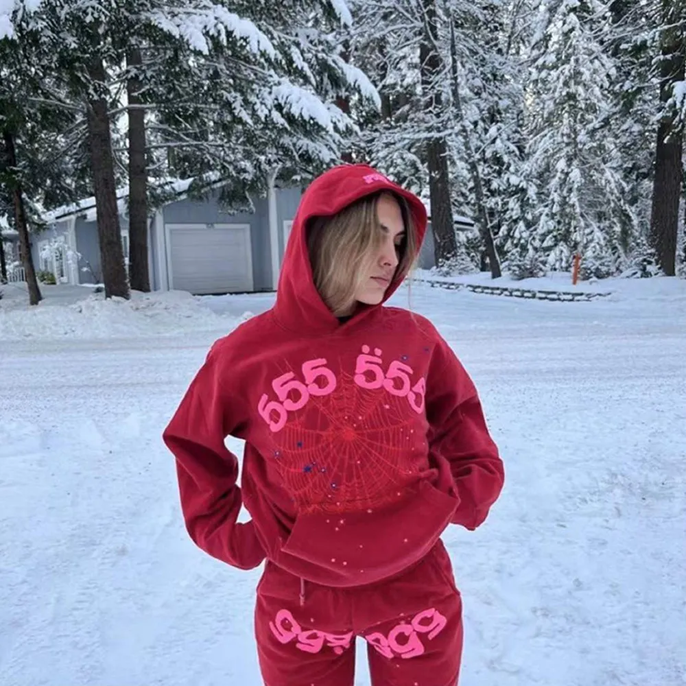 No. 8205, batch 220, Meichao Sp10der 555555 star same style Angel Number loose casual cotton hoodie sweatshirt for men and women Color: Red; Size: S M L XL