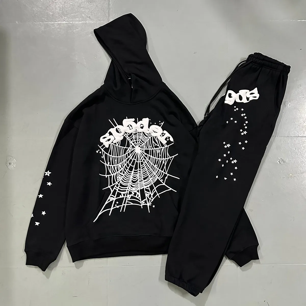 Real photos, hooded 8218, trousers 8318, Mechao Sp10der 555 555 solid color spider web foam printed high quality cotton hoodie sweatshirt, clothes 110, pants 110 Color: black, gray; Size: S M L XL