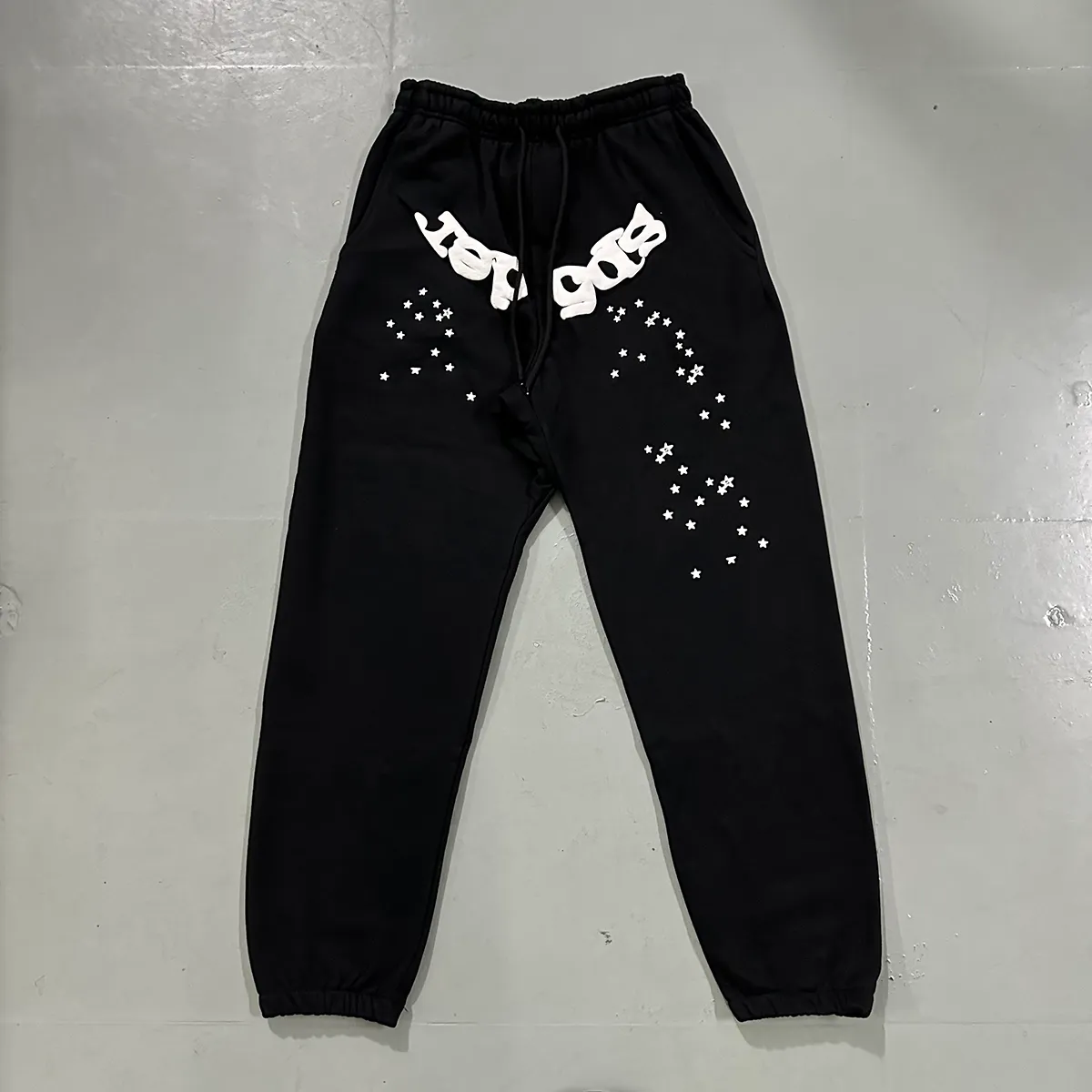 Real photos, hooded 8218, trousers 8318, Mechao Sp10der 555 555 solid color spider web foam printed high quality cotton hoodie sweatshirt, clothes 110, pants 110 Color: black, gray; Size: S M L XL