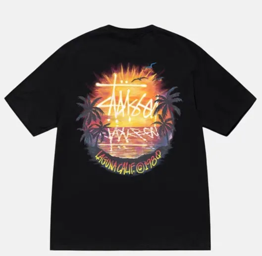 STUSSY SS24 SUNSET TEE Sunset Coconut Beach View T-shirt Black and White S-XL