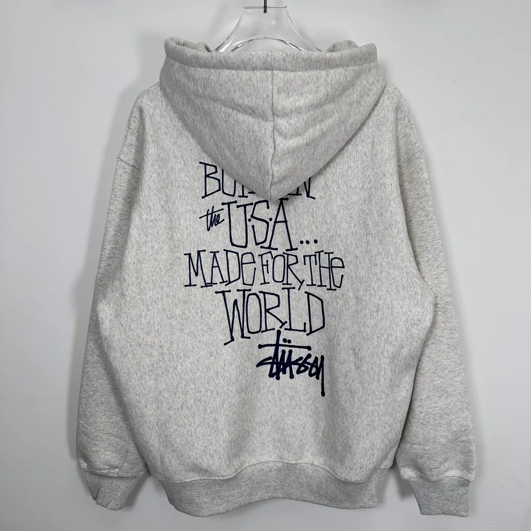 Graffiti word sweatshirt Stussy FW24 BUILT IN USA HOODIE English logo on the back plus velvet hooded sweatshirt/hoodie black gray blue S-XL