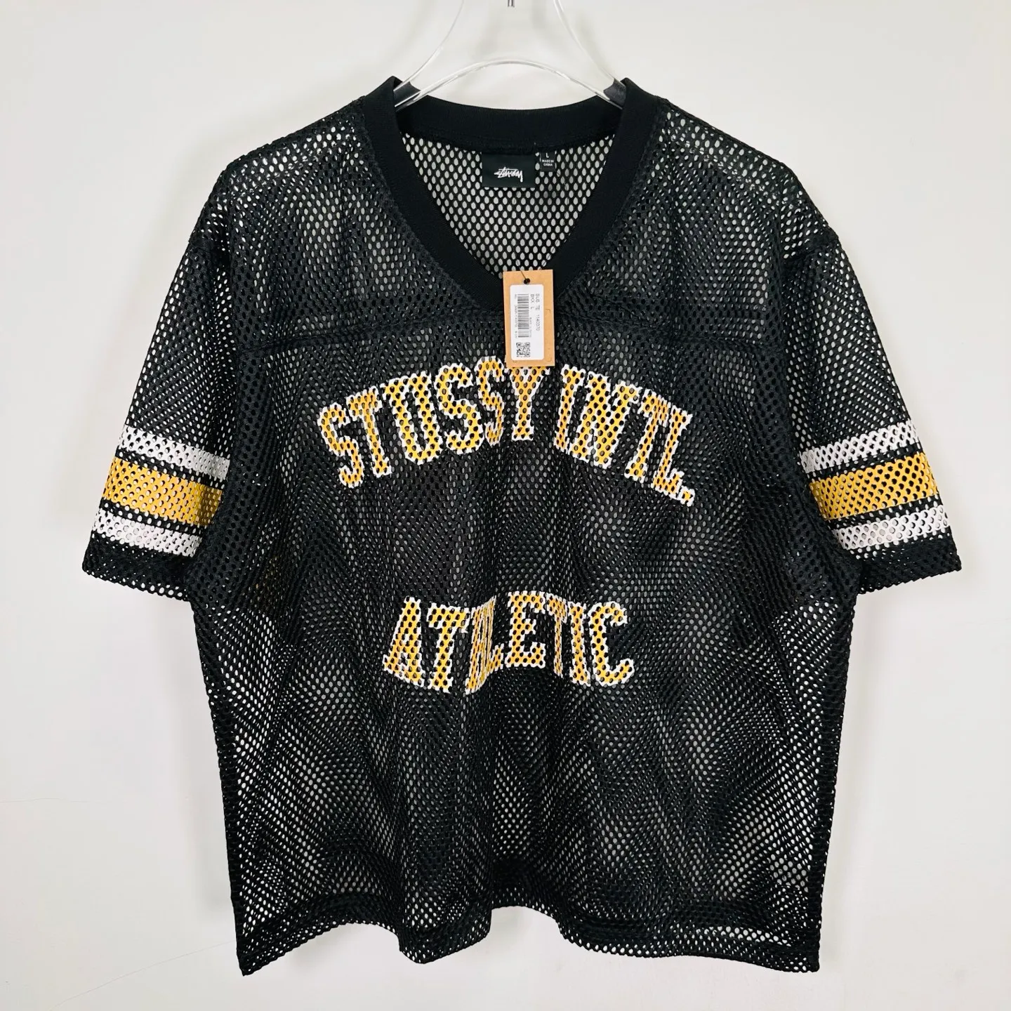 Mesh V-neck T-shirt Stussy SS25 STÜSSY INTERNATIONAL TEAM JERSEY V-neck mesh retro letter short sleeves black and white S-XL