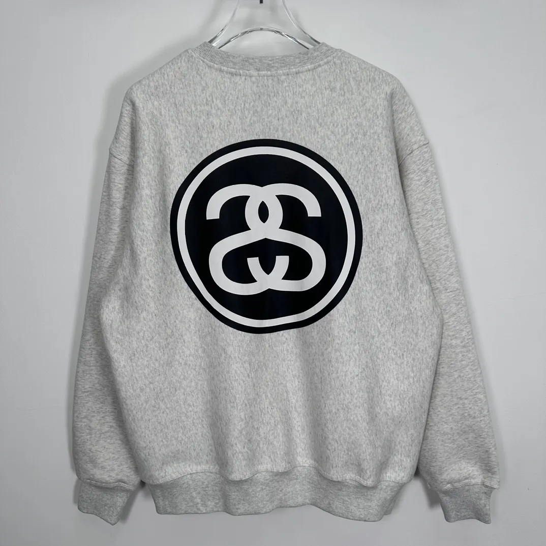 STUSSY 23FW SS-LINK CREW Double S-shaped chain printed pattern round neck sweatshirt, same style for men and women, black light gray S-XL