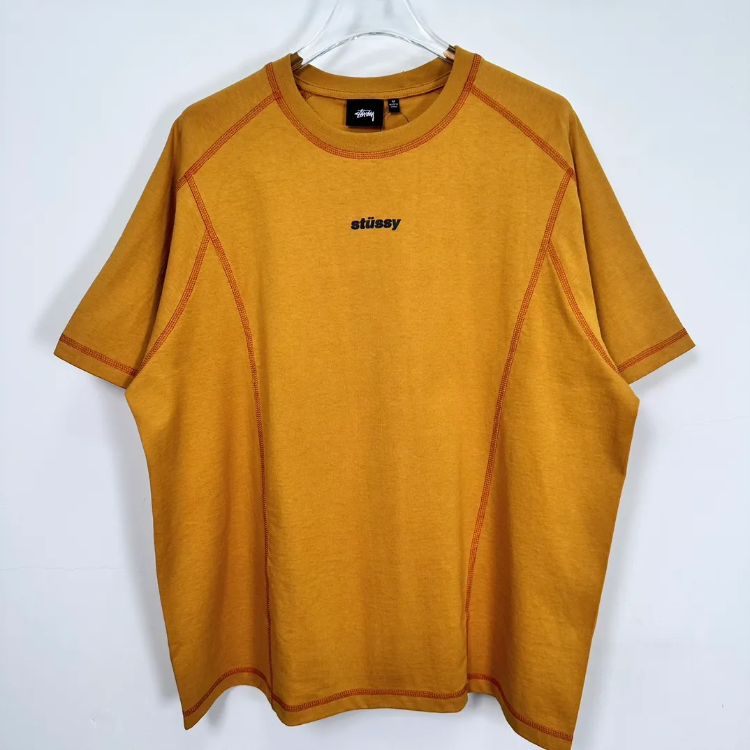 STUSSY SS24 WAVE COTTON CREW TEE Top-stitched Micro Label T-shirt Black Blue Mustard Yellow S-XL Original Same 240g Weight