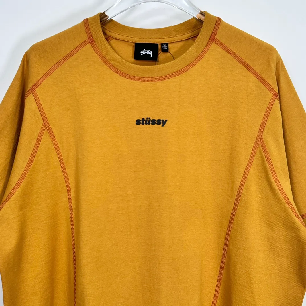 STUSSY SS24 WAVE COTTON CREW TEE Top-stitched Micro Label T-shirt Black Blue Mustard Yellow S-XL Original Same 240g Weight