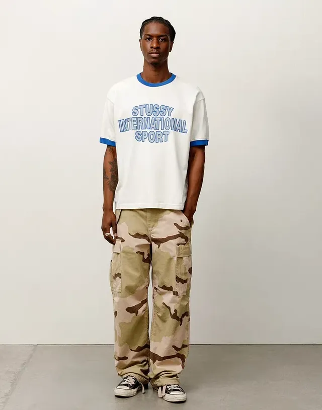 Contrast color collar T-shirt STUSSY SS25 HEAVY JERSEY CREW High weight knitted sports short-sleeved washed black beige S- XL