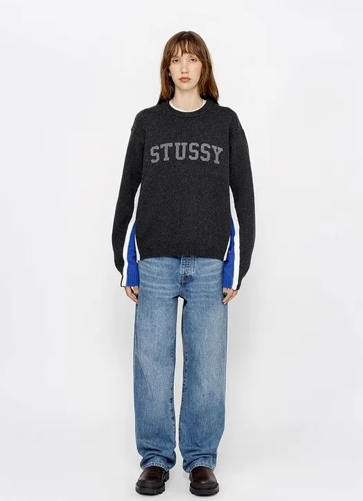 Contrast color patchwork sweater STUSSY FW24 STRIPE CREW Holiday series Jacquard knitted crew neck sweater carbon black M gray M-XL