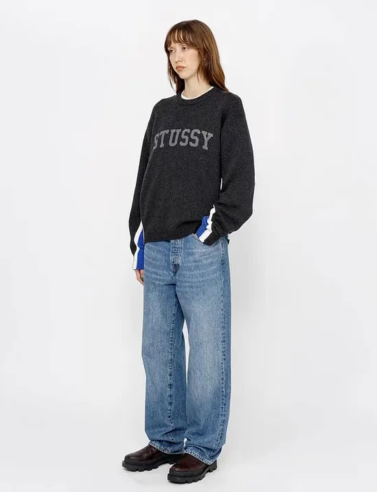 Contrast color patchwork sweater STUSSY FW24 STRIPE CREW Holiday series Jacquard knitted crew neck sweater carbon black M gray M-XL