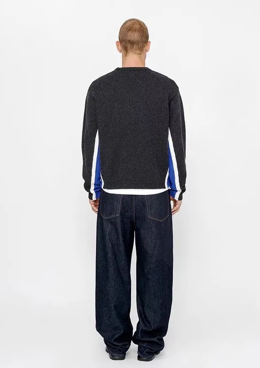 Contrast color patchwork sweater STUSSY FW24 STRIPE CREW Holiday series Jacquard knitted crew neck sweater carbon black M gray M-XL