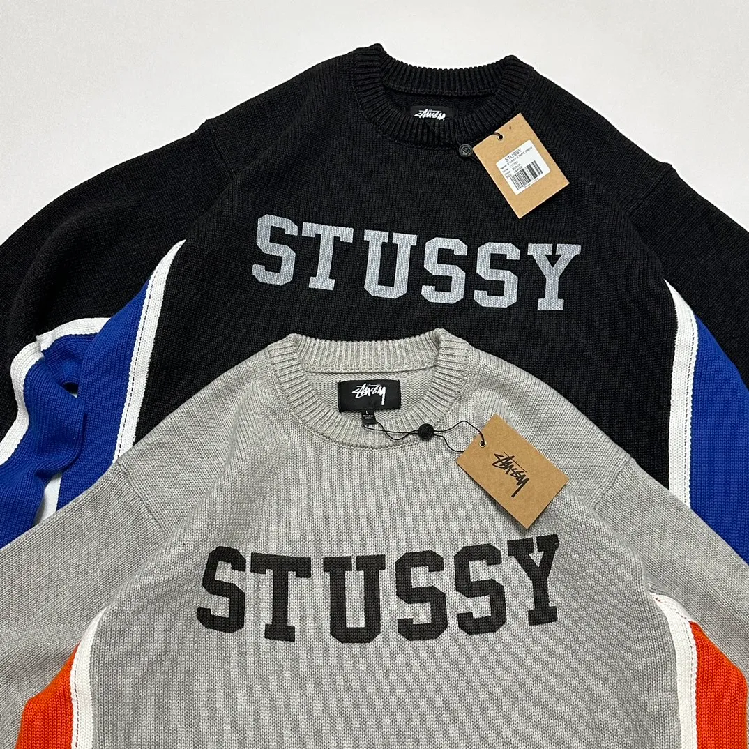 Details Contrast color patchwork sweater STUSSY FW24 STRIPE CREW Holiday series Jacquard knitted crew neck sweater Carbon black M Gray M-XL