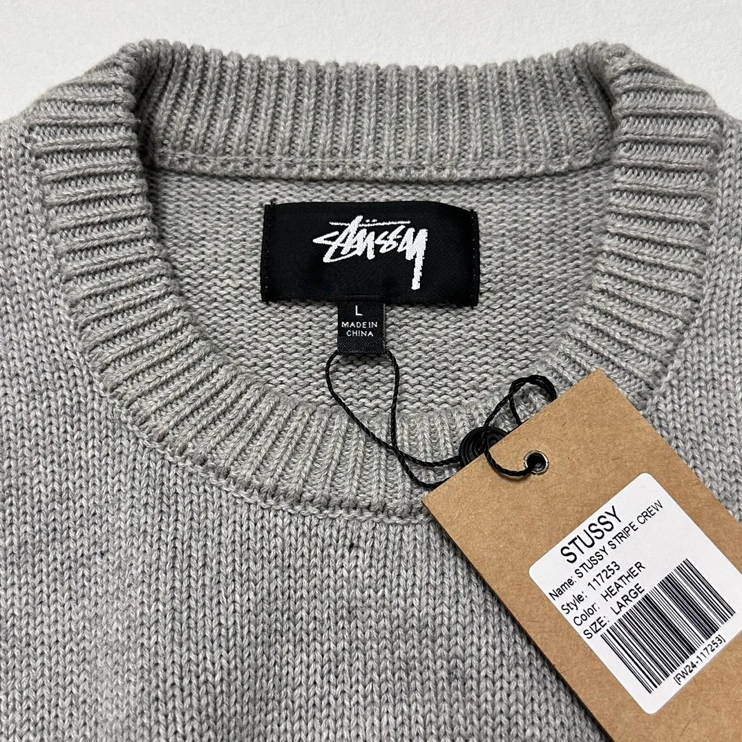 Details Contrast color patchwork sweater STUSSY FW24 STRIPE CREW Holiday series Jacquard knitted crew neck sweater Carbon black M Gray M-XL