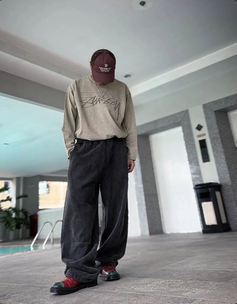 Washed sweatpants STUSSY FW24 FLEECE PANT FADED GRAPHIC loose thin velvet sweatpants with logo on the side, washed black S- XL