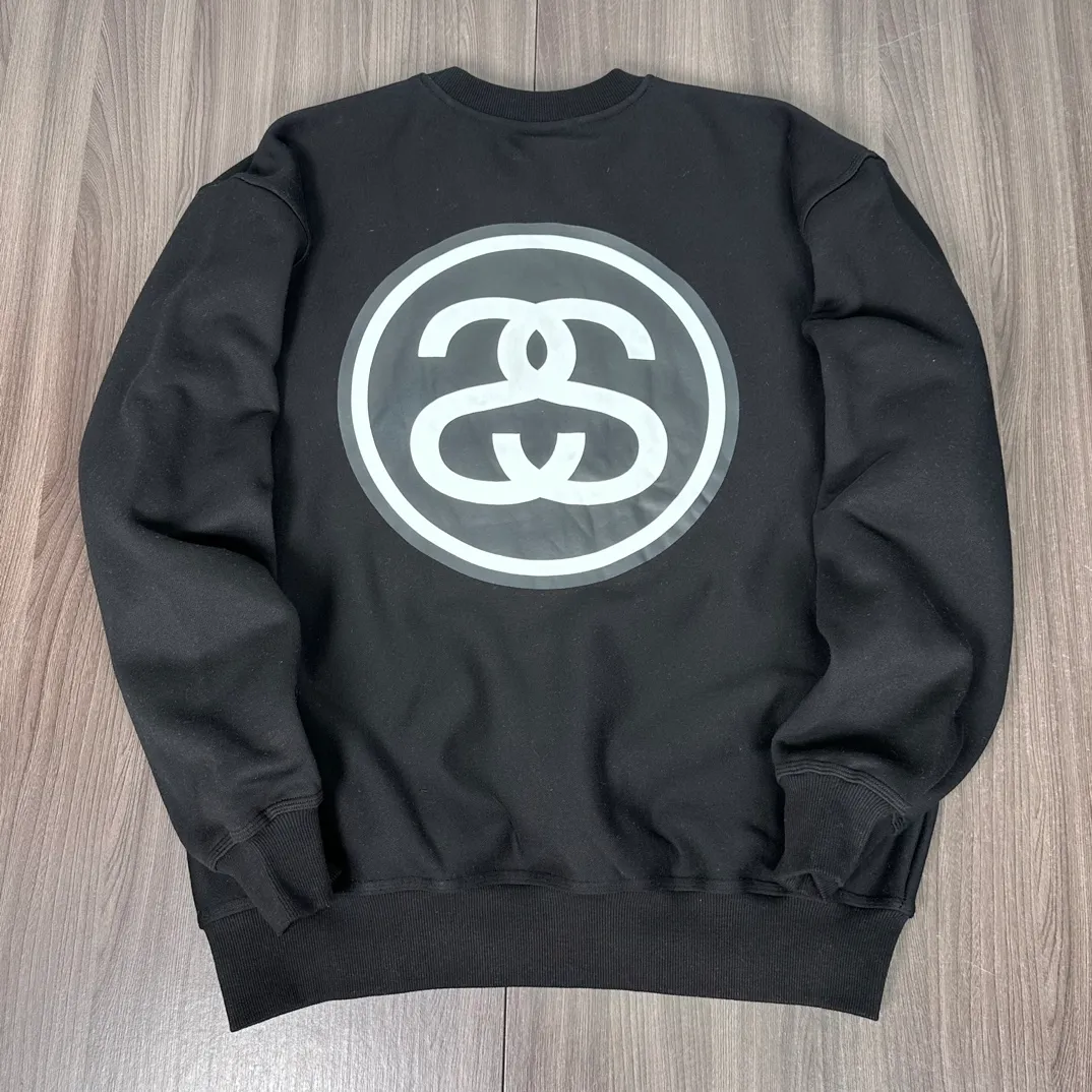STUSSY 23FW SS-LINK CREW Double S-shaped chain printed pattern round neck sweatshirt, same style for men and women, black light gray S-XL