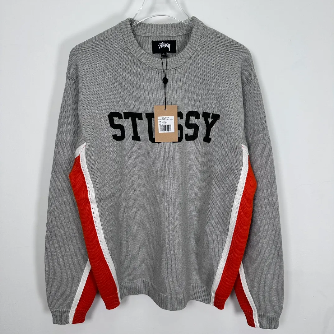 Contrast color patchwork sweater STUSSY FW24 STRIPE CREW Holiday series Jacquard knitted crew neck sweater carbon black M gray M-XL