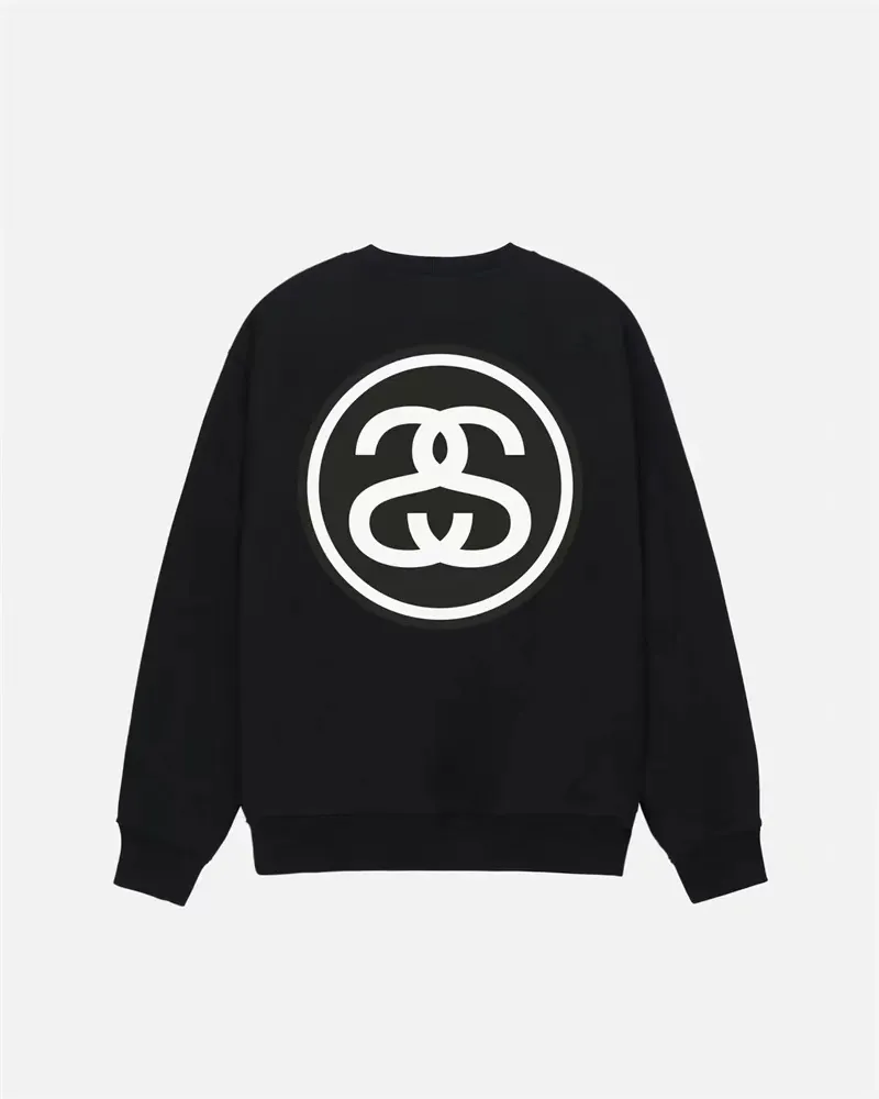 STUSSY 23FW SS-LINK CREW Double S-shaped chain printed pattern round neck sweatshirt, same style for men and women, black light gray S-XL