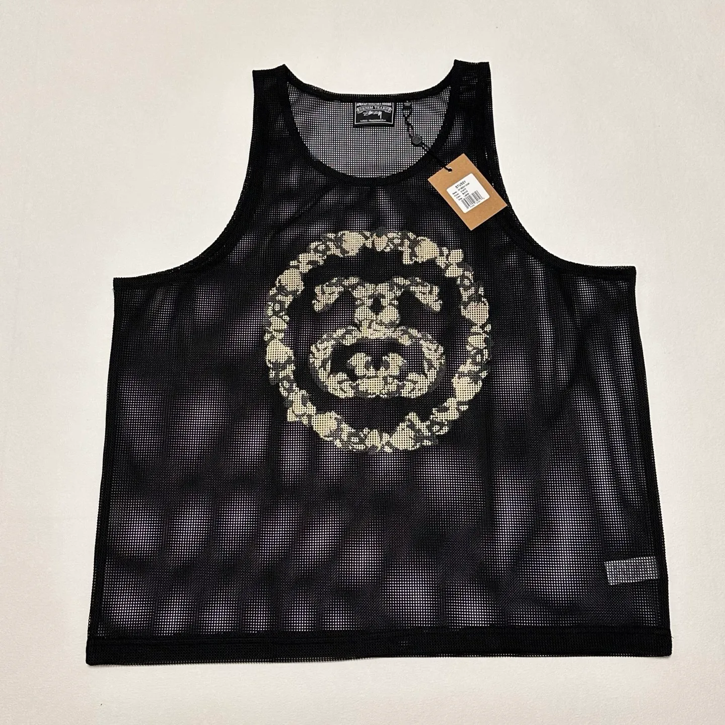 DT vest STUSSY X DENIM TEARS joint model SS25 MESH TANK garland mesh hollow vest black S- XL