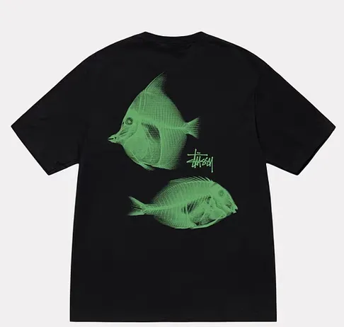 Fishbone T-shirt STUSSY SS25 X-RAY FISHIN TEE Fish X-ray printed pattern short sleeves black and white S- XL