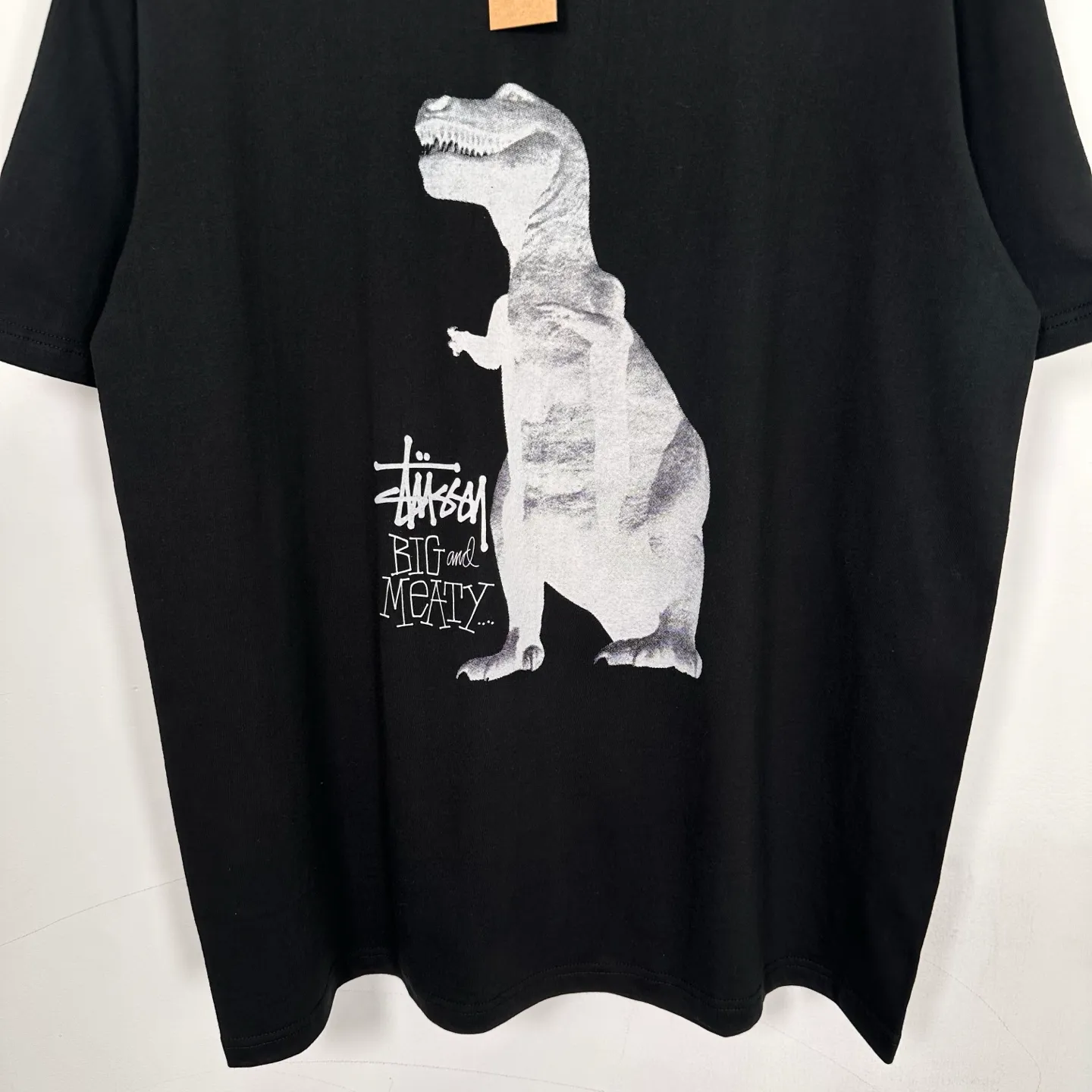 Tyrannosaurus Rex T-shirt STUSSY SS25 BIG & MEATY TEE PIGMENT DYED Dinosaur pattern short-sleeved black and white S- XL